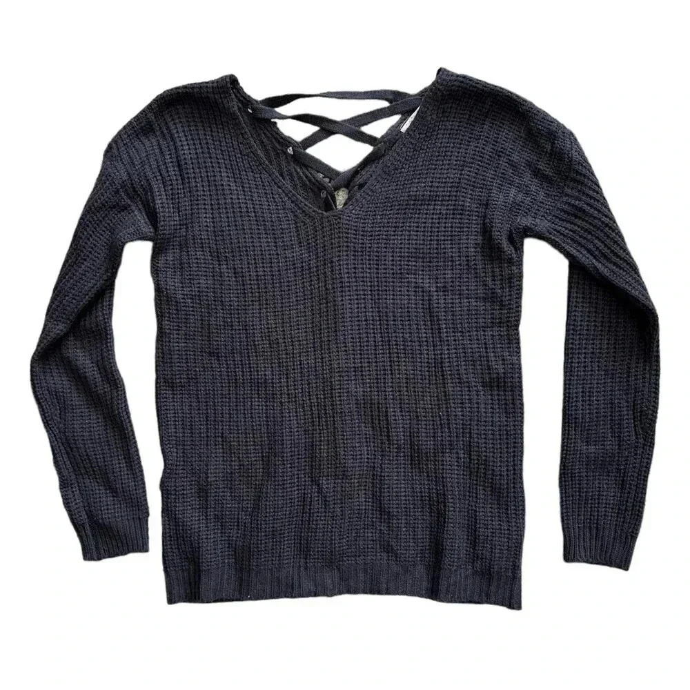 Pink Rose Gray Lace Up Sweater S